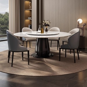 天然大理石圆形餐桌椅组合意式轻奢家用带转盘实木极简餐厅圆桌子