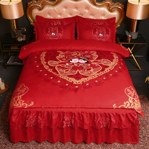 中式大红结婚床裙款四件套全棉纯棉婚庆被套加带防滑床罩喜庆套件