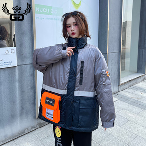 gg学生工装羽绒服外套女加厚2023冬季新款蓝灰拼色bf风面包服潮牌