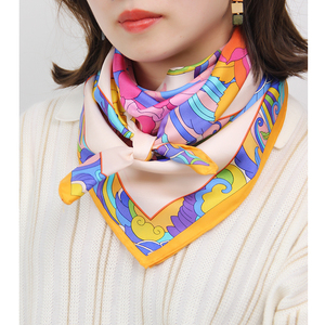 斜纹真丝围脖 手工卷边装饰花卉凤团颜色艳丽百搭丝巾桑蚕丝围巾