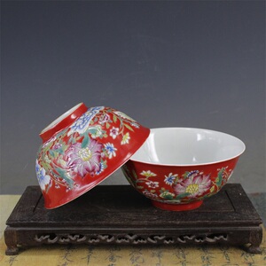 清康熙御制款红底花卉纹碗古董古玩手绘古瓷器老货收藏品旧货摆件