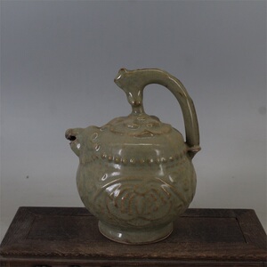 宋耀州窑青瓷刻花狮口倒流壶古董古玩五大名窑做旧仿古瓷摆件收藏