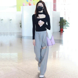 明星何穗同款灰色运动裤2022直筒高腰阔腿裤子破洞宽松休闲卫裤女