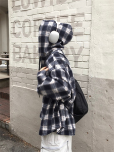 MRDONG韩国代购男女款慵懒风落肩时尚格子OS羊毛混纺连帽衬衫外套