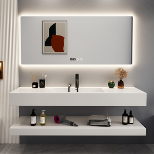 双层岩板陶瓷无缝衔接一体盆浴室柜组合轻奢极简洗漱台定制洗手盆