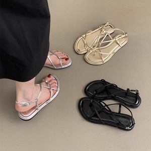 女士凉鞋女夏季外穿新款韩版法式绝美仙女风交叉细带软平底罗马鞋