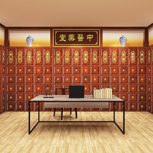 复古中式传统中医牌匾药柜壁纸中药房药店养生馆主播直播背景墙纸