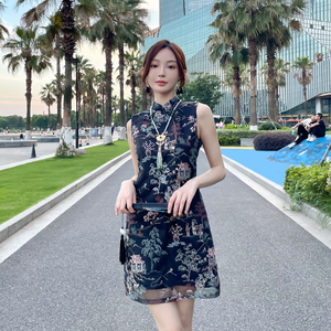 黑色欧根纱连衣裙夏 新中式国风高级感重工刺绣小个子无袖直筒裙