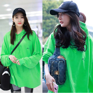 杨幂关晓彤同款宽松荧光绿字母卫衣女2021秋季薄款百搭中长上衣潮