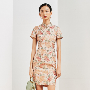 2021夏季新品玉白赤金拼色少女年轻旗袍连衣裙无时间timeless同款