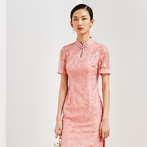 品玉短袖旗袍立领连衣裙中腰夏季透气复古时尚p02tq3523
