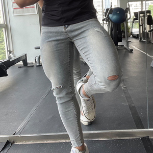 陈于蓝819淘宝bluesfly夏季潮牌肌肉牛仔裤男修身破洞健身弹力深蹲