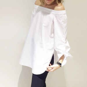 高端定制欧美白色一字领露肩衬衫女设计感小众性感度假上衣长衬衣