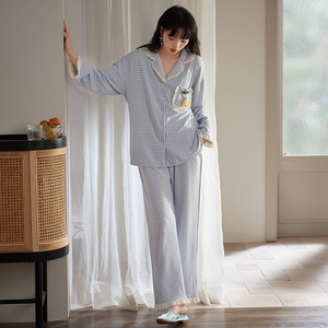日本代购gelato pique you睡衣女春秋长袖长裤家居服格子两件套装