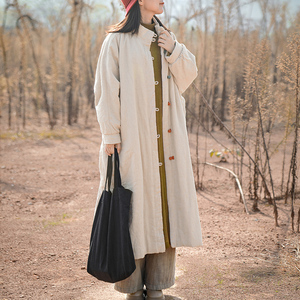 新中式棉麻女性棉衣羽绒棉服新款女冬季保暖个性中长款复古棉大衣