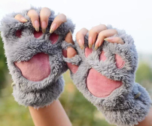 暴爪手套 男女加厚冬季保暖可爱韩版潮卡通猫咪爪子手套 半指手套