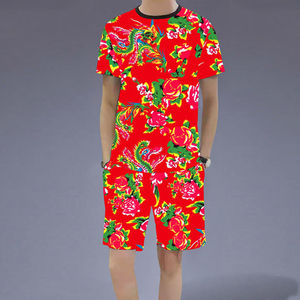 男士夏季红色T恤潮流东北大花网红套装社会精神小伙3D印花两件套