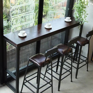 咖啡桌高桌吧台胡桃色桌椅组合实木家用长条桌靠墙窄桌简约高脚桌