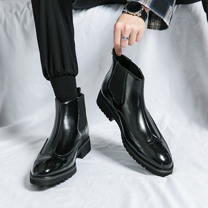 英伦布洛克男士高帮皮鞋秋冬新款尖头套筒内增高6cm8潮切尔西短靴