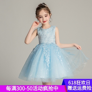 儿童礼服夏季新款白色公主裙蓬蓬女童连衣裙蓝色幼儿园舞蹈演出服