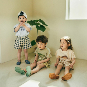 韩国摄影舒适纯棉儿童男女宝小恐龙T恤格子短裤简约上镜洋气套装