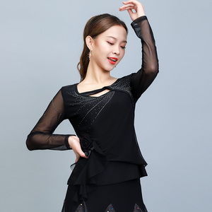 吉特巴上衣女新款跳舞衣摩登交谊舞服长袖时髦镶钻拉丁国标舞蹈服