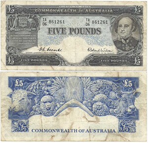 澳大利亚5镑纸币澳元1960年p35英镑币制 861261 australia 钱币