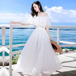 2024夏天新款一字肩白色红色裙子小个子雪纺连衣裙沙滩裙海边度假