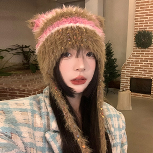 韩版新款手工编织毛绒帽子女秋冬季日系针织绑带护耳帽保暖包头帽