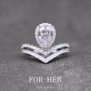 芙禾珠宝人工钻石尚美戒指明星同款水滴形双层叠戴银镀金求婚钻戒
