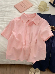 专柜奢侈品牌捡漏女装粉色Polo领短袖衬衫女夏季新款别致百搭上衣