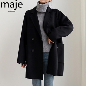 maje camilla黑色双面羊毛绒大衣女短款小个子新款西装毛呢子外套