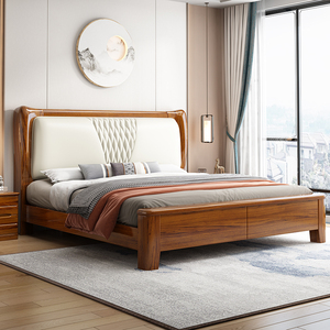 乌金木新中式全实木床现代简约轻奢主卧真皮软包1米8双人储物大床