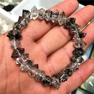 精品天然黑水晶双尖流沙黑沙幽灵石亮皮闪灵钻手串未打磨标本手链