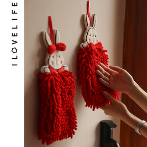 新年擦手巾挂式可爱兔子吸水不掉毛红色结婚洗手间厨房雪尼尔毛巾