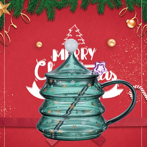 新款创意圣诞树玻璃杯带盖带把水杯圣诞节礼物网红可爱耐热星愿杯