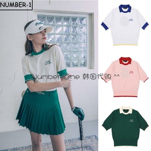 韩国代购malbon高尔夫球服23年女夏徽标开领毛衣短袖T恤golf上衣