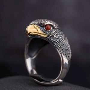 s925纯银原创设计复古精工雕刻镶嵌鹰头霸气男士戒指活口生日礼物