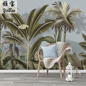 5d东南亚热带雨林植物壁画北欧客厅芭蕉叶墙纸餐厅包厢咖啡厅壁纸