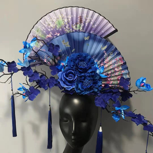 中国风青花瓷旗袍舞台模特走秀彩妆创意造型影楼拍照个性扇子头饰