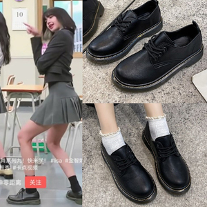 blackpink尬舞lisa同款鞋子系带小皮鞋女英伦风平底配正装的单鞋