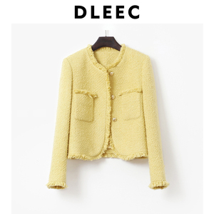 DLEEC 百搭不易撞款显白小香风外套粗花呢编织重工黄色时尚短上衣