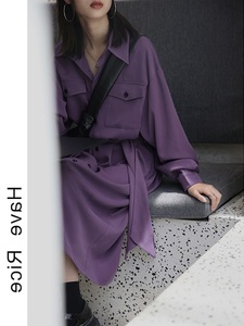 连衣裙女秋冬2024新款女紫色雪纺衬衫裙法式复古宽松中长款高级感