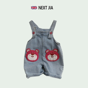 英国NEXT JIA儿童背带裤夏季男女童牛仔短裤百搭婴儿开裆连体裤子