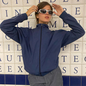 fabgirls# 中性户外出芽条单杠拼接深蓝色梭织外套 宽松工装夹克