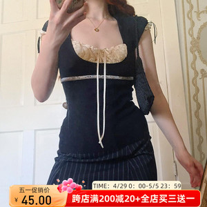 #FabGirls# 日系甜美假两件蕾丝拼接短袖T恤 少女感显瘦短款上衣