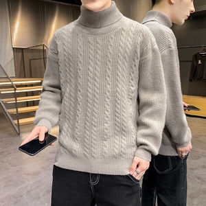 港风手工编织的高领毛衣男士宽松慵懒纯色毛线衣秋冬季针织衫加厚