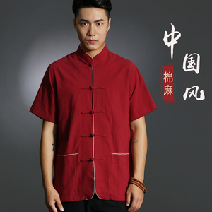中国风亚麻唐装汉服男复古中式棉麻短袖上衣民族中青年居士服上衣