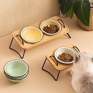 猫碗陶瓷宠物木架多功能猫咪碗防打翻喂水猫碗斜口易清洗狗狗食盆