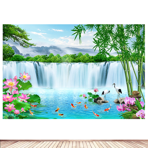 荷花竹子九鱼图客厅沙发背景装饰画瀑布流水生财招财卧室墙贴画